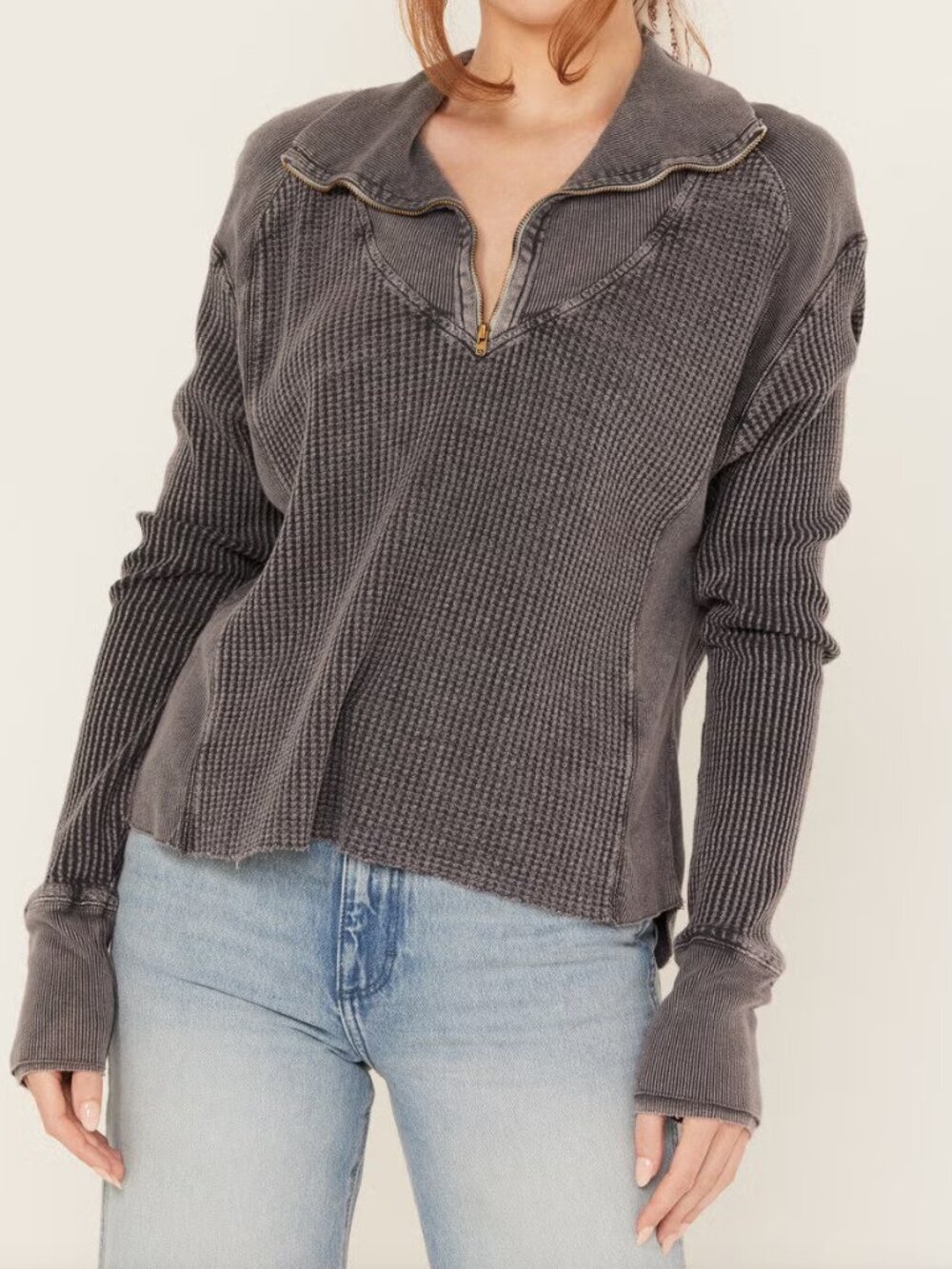 FREE PEOPLE Ashton Zip Thermal Long Sleeve Pullover L Large